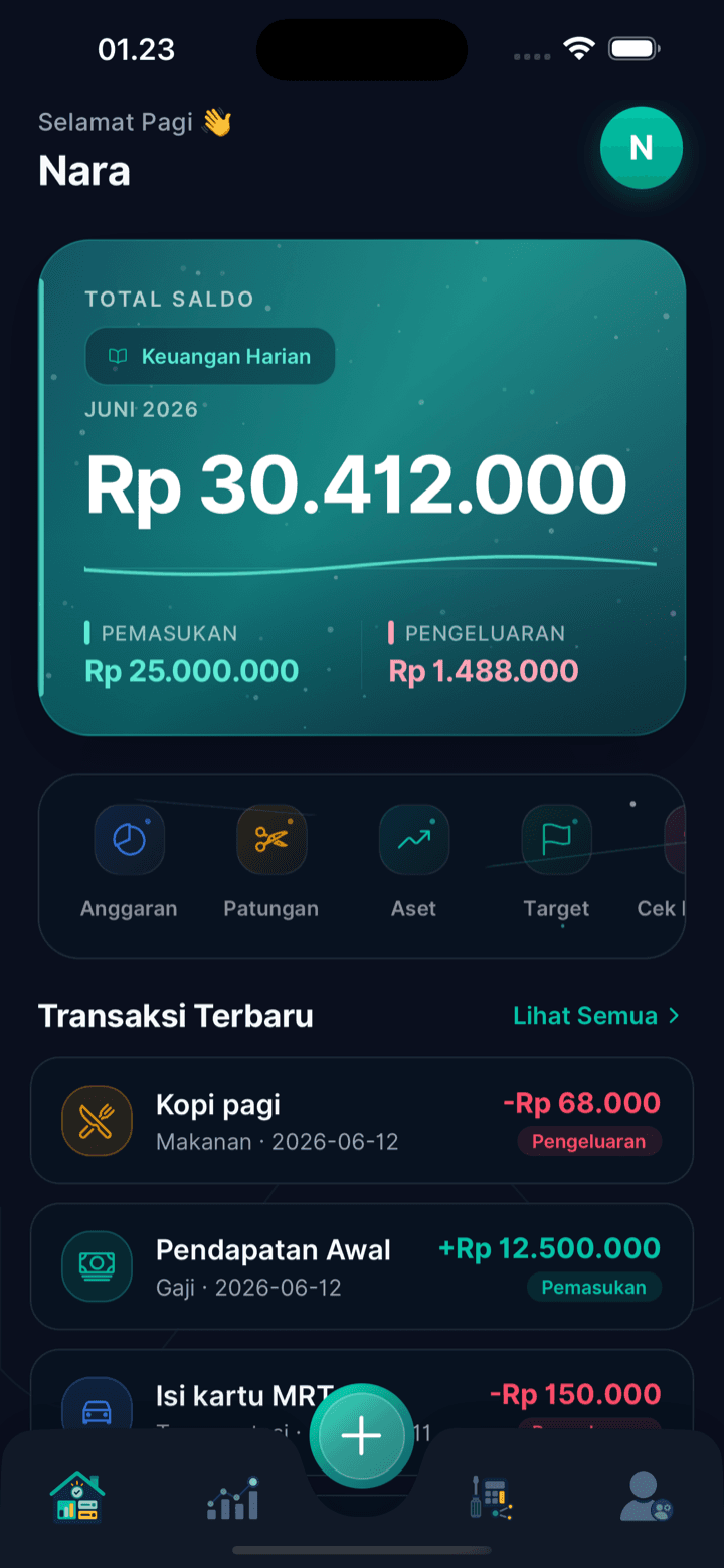 Tampilan Ibils: total saldo, pemasukan dan pengeluaran bulan ini, plus daftar transaksi terbaru.