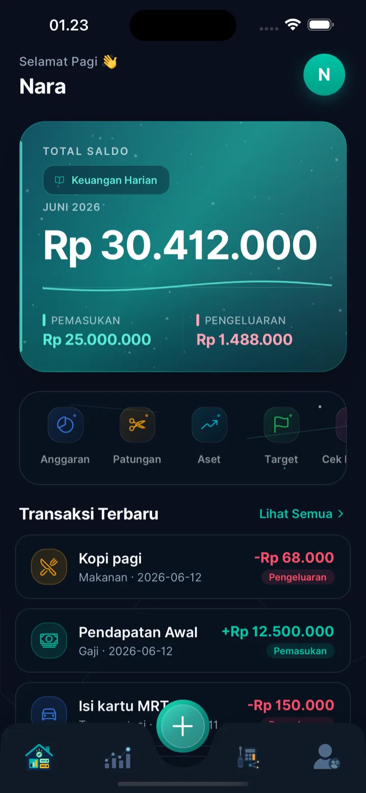 The Ibils app: total balance, money in and out this month, plus the latest transactions.